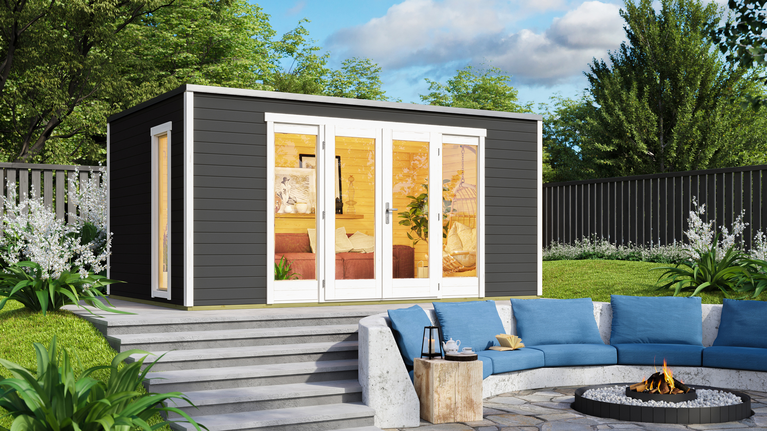 Design Gartenhaus P 285 mit Panorama-Glastüren - 28 mm