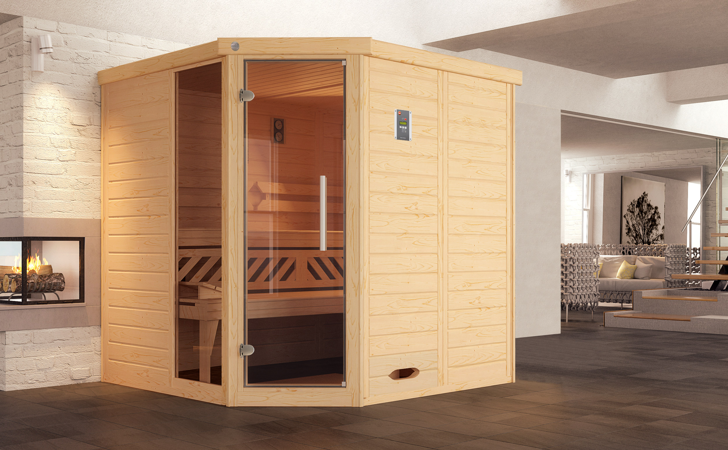 Weka Premium Massivholz-Elementsauna Kemi Eck 1 mit Glastür/Fenster inkl. Komfortpaket - 45 mm