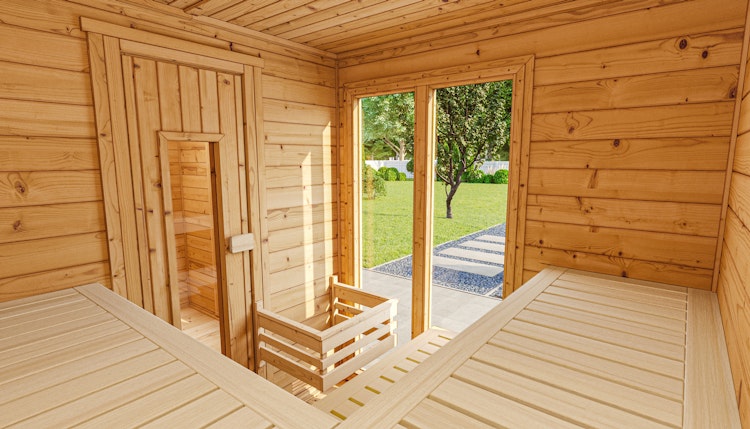 Weka Saunahaus Farsund mit Vorraum - 38 mm Blockbohlen Weka Saunahaus Farsund mit Vorraum - 38 mm Blockbohlen