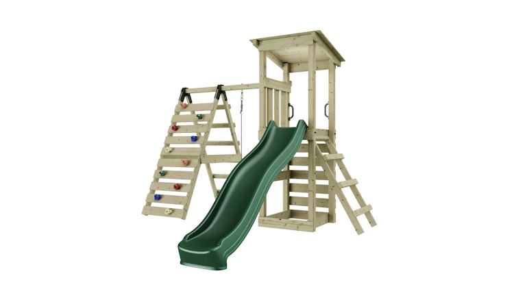 Rebo Spielturm Sevilla inkl. Einzelschaukel, Rutsche und Klettergerüst/Kletterwand - by Weka