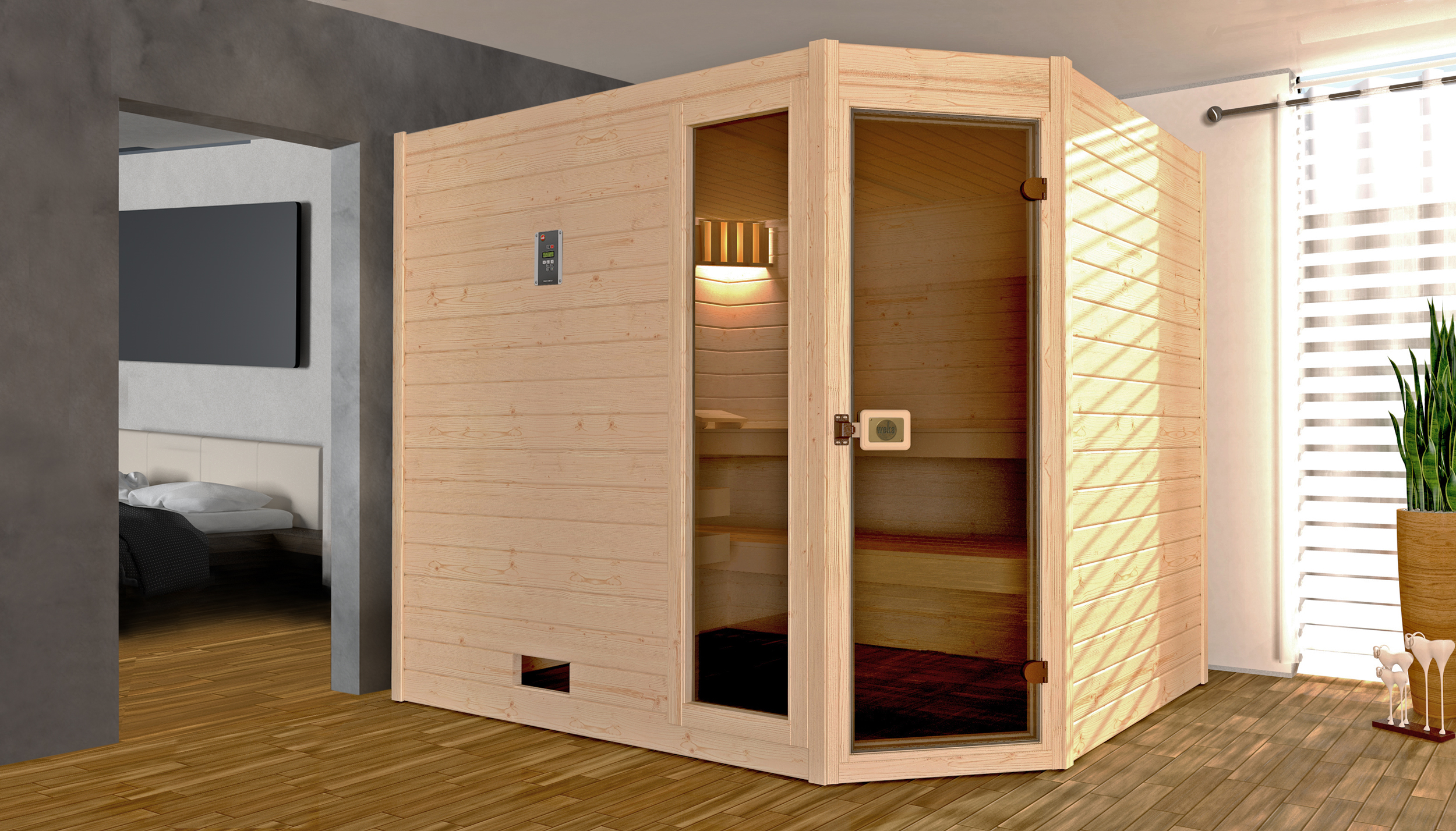 Weka Sauna Valida Eck Gr. 3 mit Glastür+Fenster - Massivholzsauna 38 mm mit Eckeinstieg