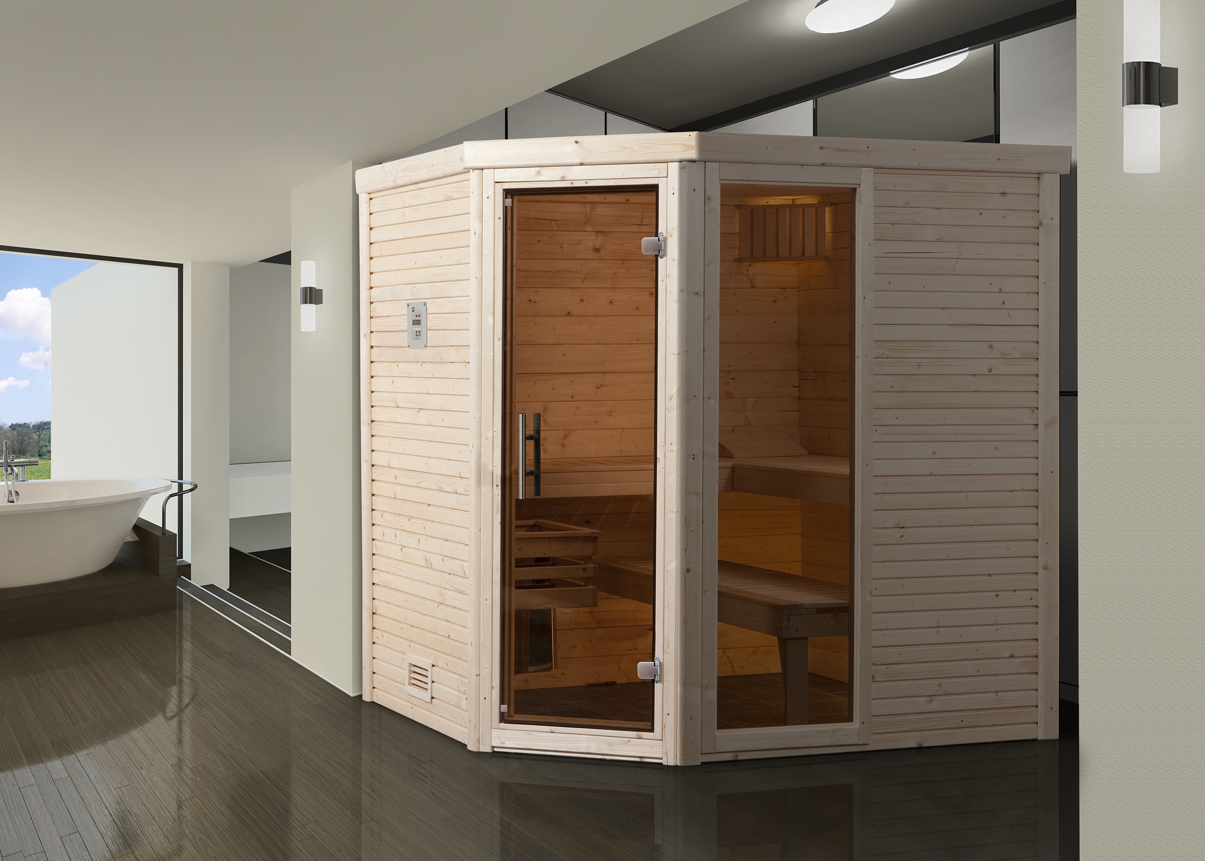 Weka Premium Massivholzsauna Cubilis 2 mit Glastür+Fenster ohne Montageservice - 45 mm