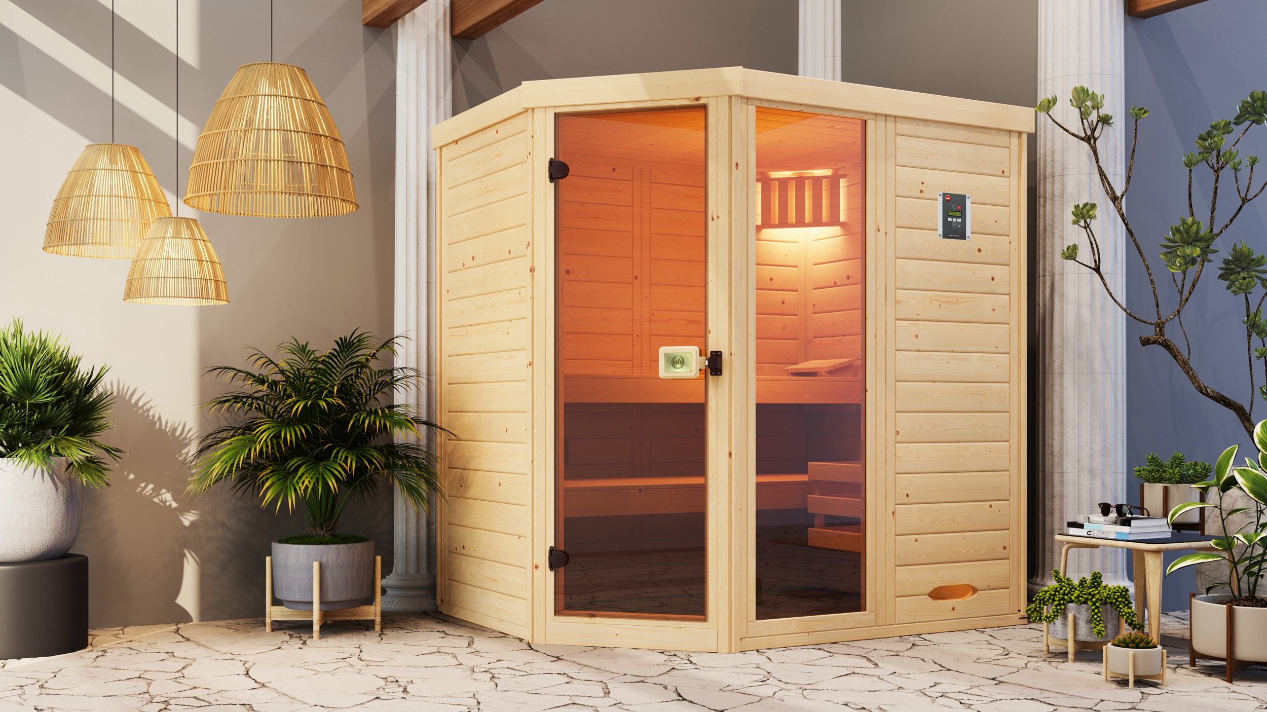 Weka Massivholz-Elementsauna Laukkala 2 mit Glastüre+Fenster - 38 mm mit Eckeinstieg