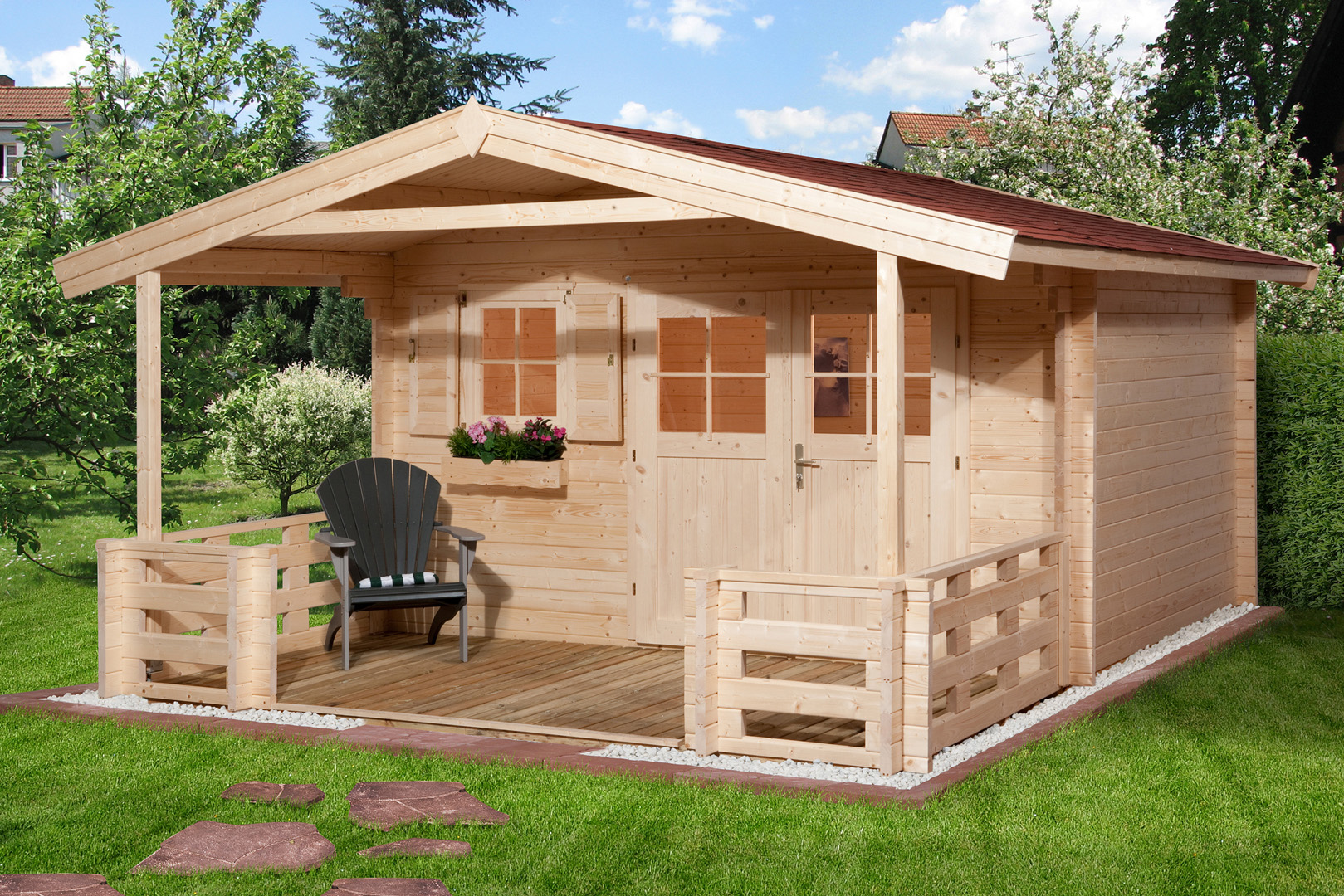 Weka 45 mm Gartenhaus 136 B mit Vordach+Terrasse
