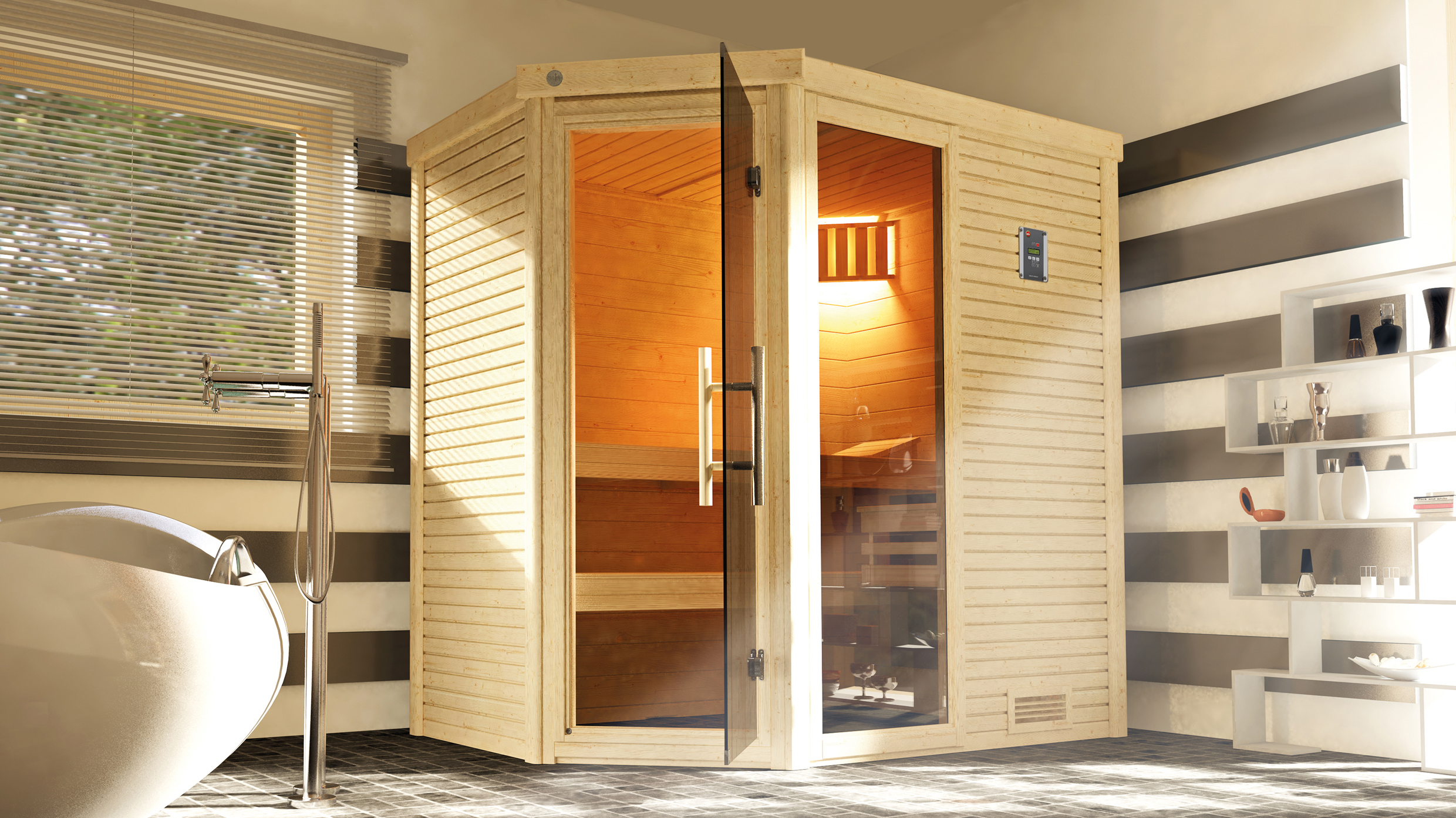 Weka Premium Massivholzsauna Cubilis 1 mit Glastür+Fenster 45 mm inkl. Montageservice