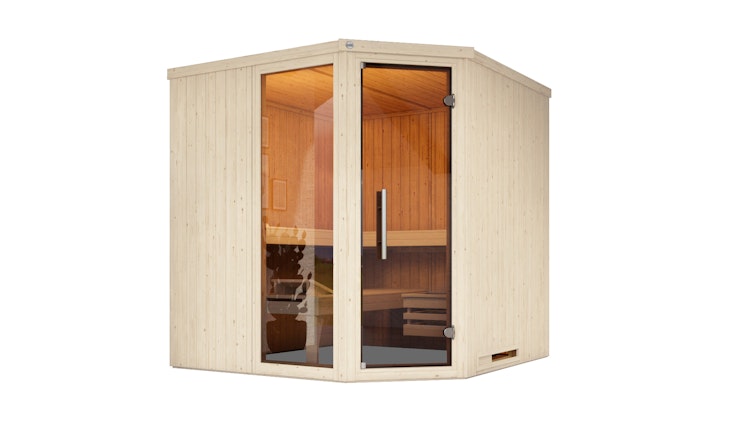 Weka Elementsauna Varberg 3 Trend Familiensauna mit Eckeinstieg & weiß lasierten Fronten - 68 mm