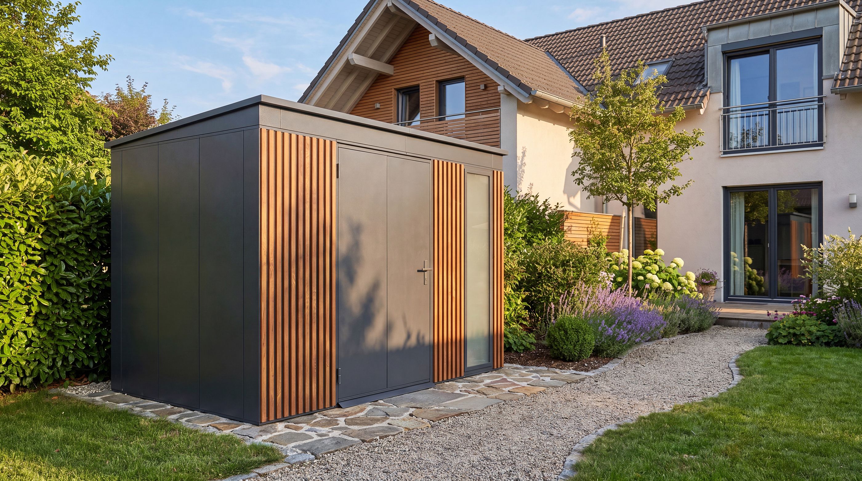 Weka Design Metallgerätehaus Gary anthrazit mit Holzoptik-Lamellen