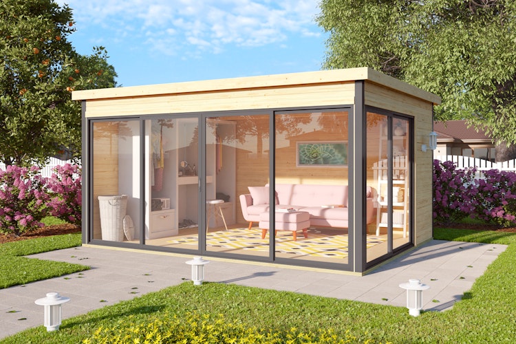 Designhaus 412 Gr. 2 mit Glasschiebetür (Homeoffice-Gartenhaus) - 44 mm