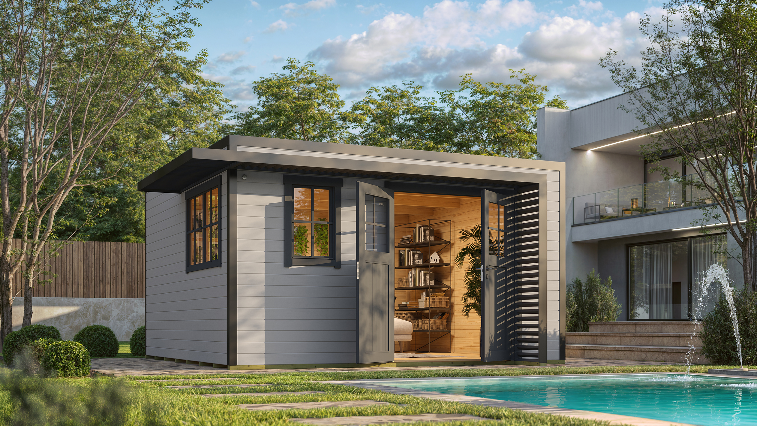 Weka Design Gartenhaus Pure Garden Amberley mit Massivholz-Doppeltür - 44 mm