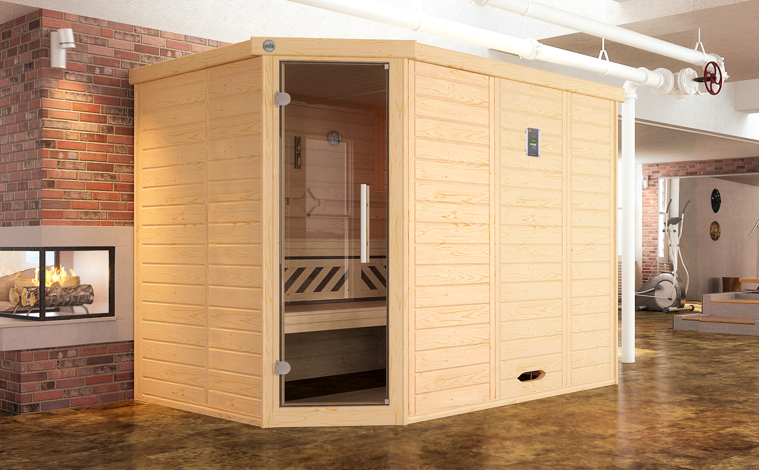 Weka Premium Massivholz-Elementsauna Kemi Eck 2 mit Glastür/Fenster inkl. Komfortpaket - 45 mm
