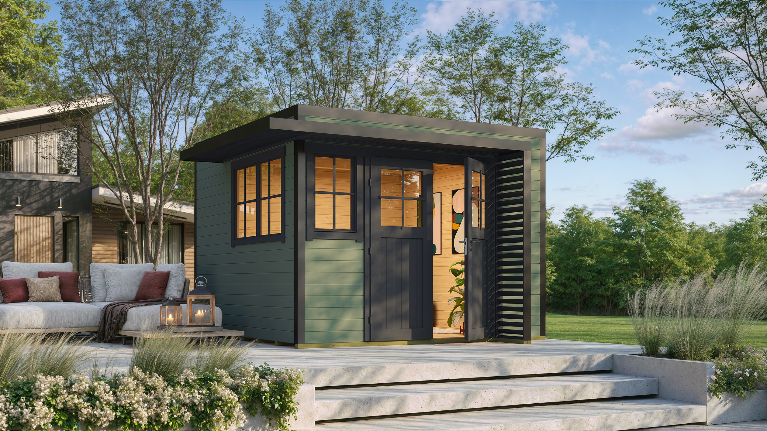 Weka Design Gartenhaus Pure Garden Amberley mit Massivholz-Doppeltür - 28 mm 