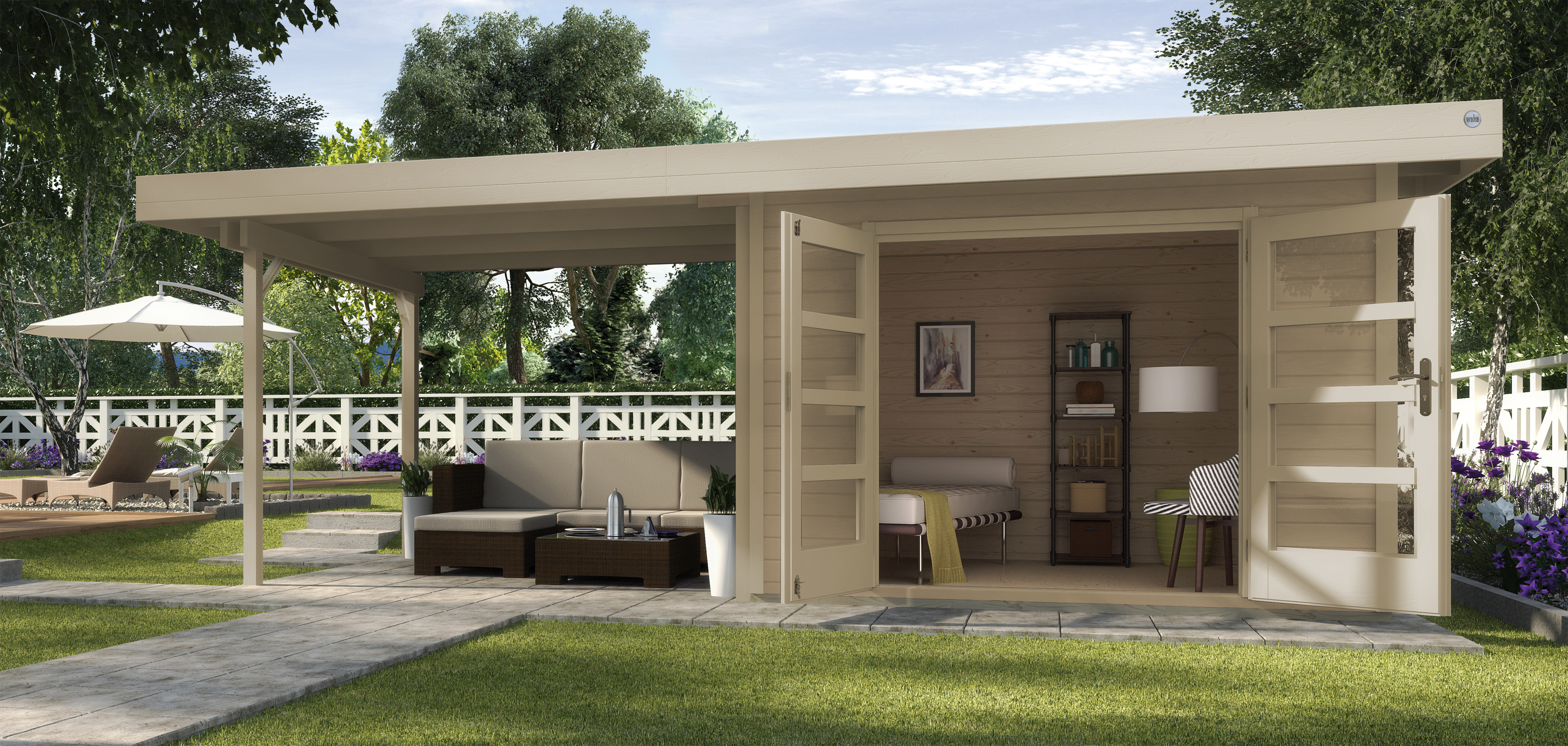 Weka Designhaus 126 B+  inkl. 300 cm Anbau und extra hoher Tür - 28 mm