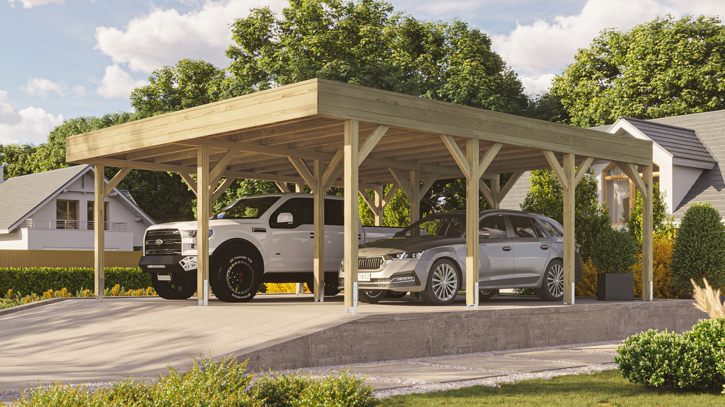 Weka Doppelcarport mit Vorbereitung zur Dachbegrünung 644 x 718 cm - Leimholz