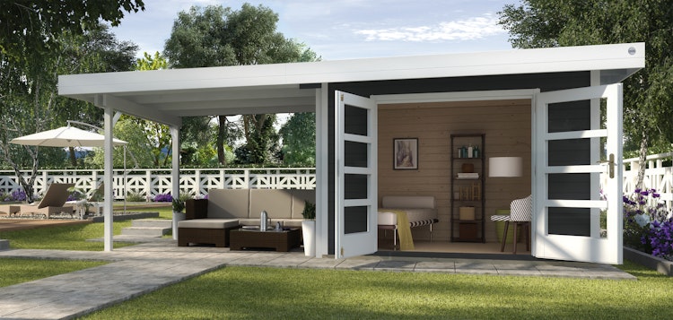 Weka Designhaus 126 B+  inkl. 300 cm Anbau und extra hoher Tür - 28 mm