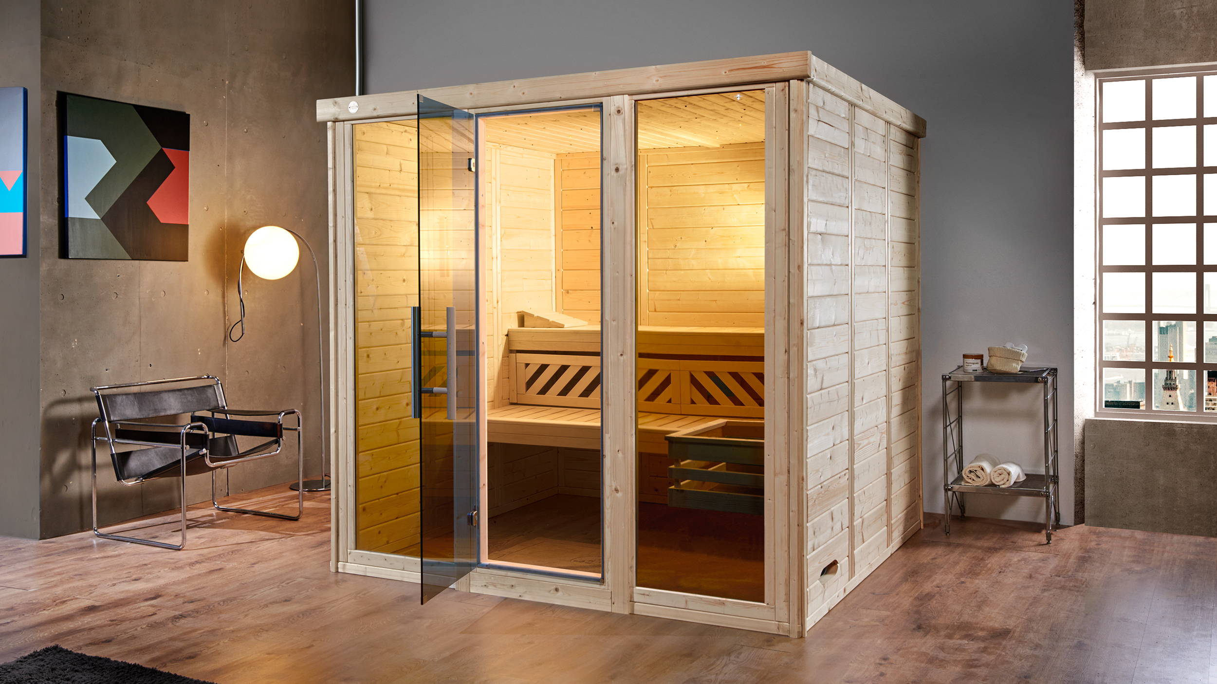 Weka Premium Massivholz-Elementsauna Kemi Panorama 3 mit Glastür+2 Fenster und Sternenhimmel - 45 mm