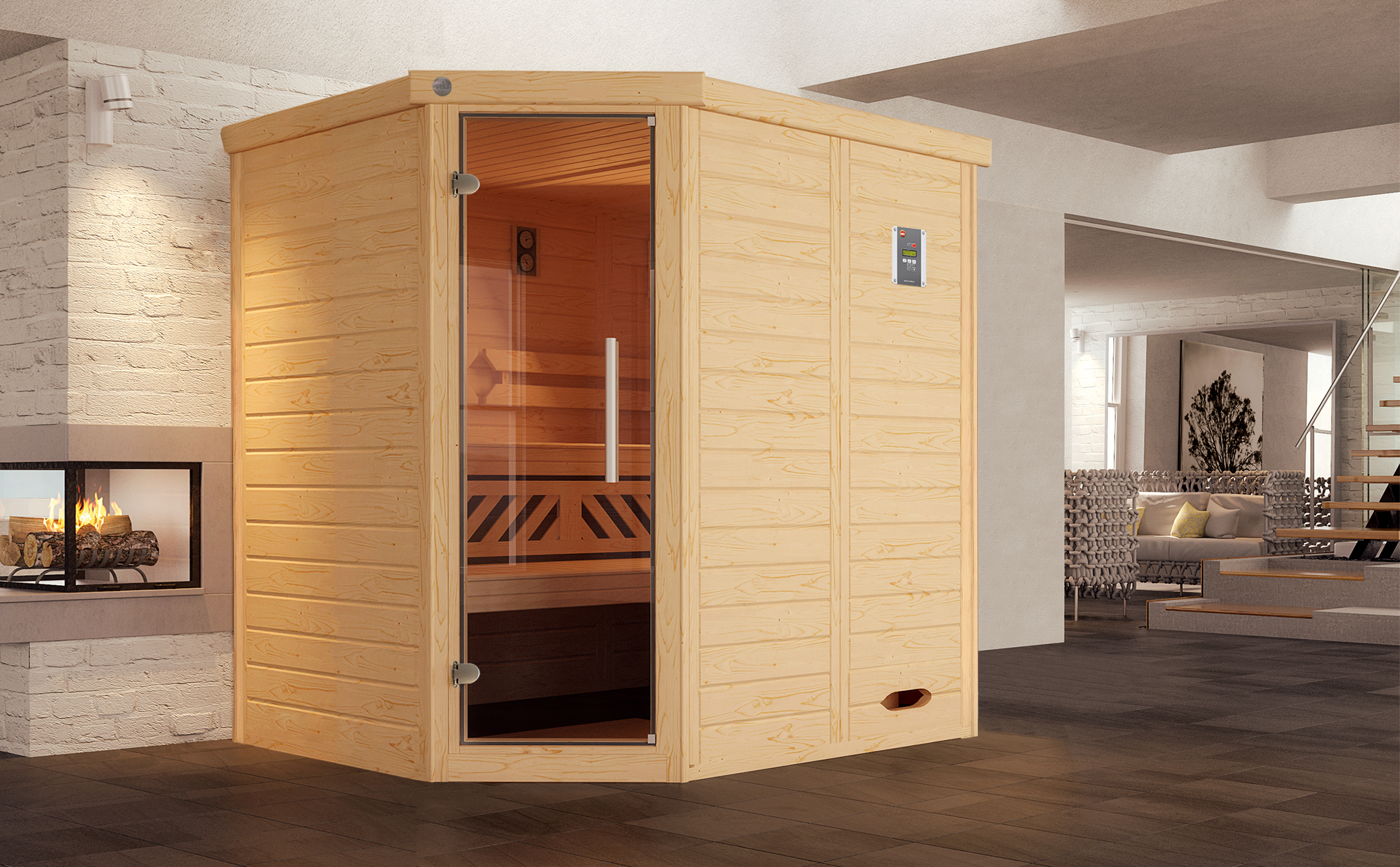 Weka Premium Massivholz-Elementsauna Kemi Eck mit Glastür inkl. Komfortpaket - 45 mm