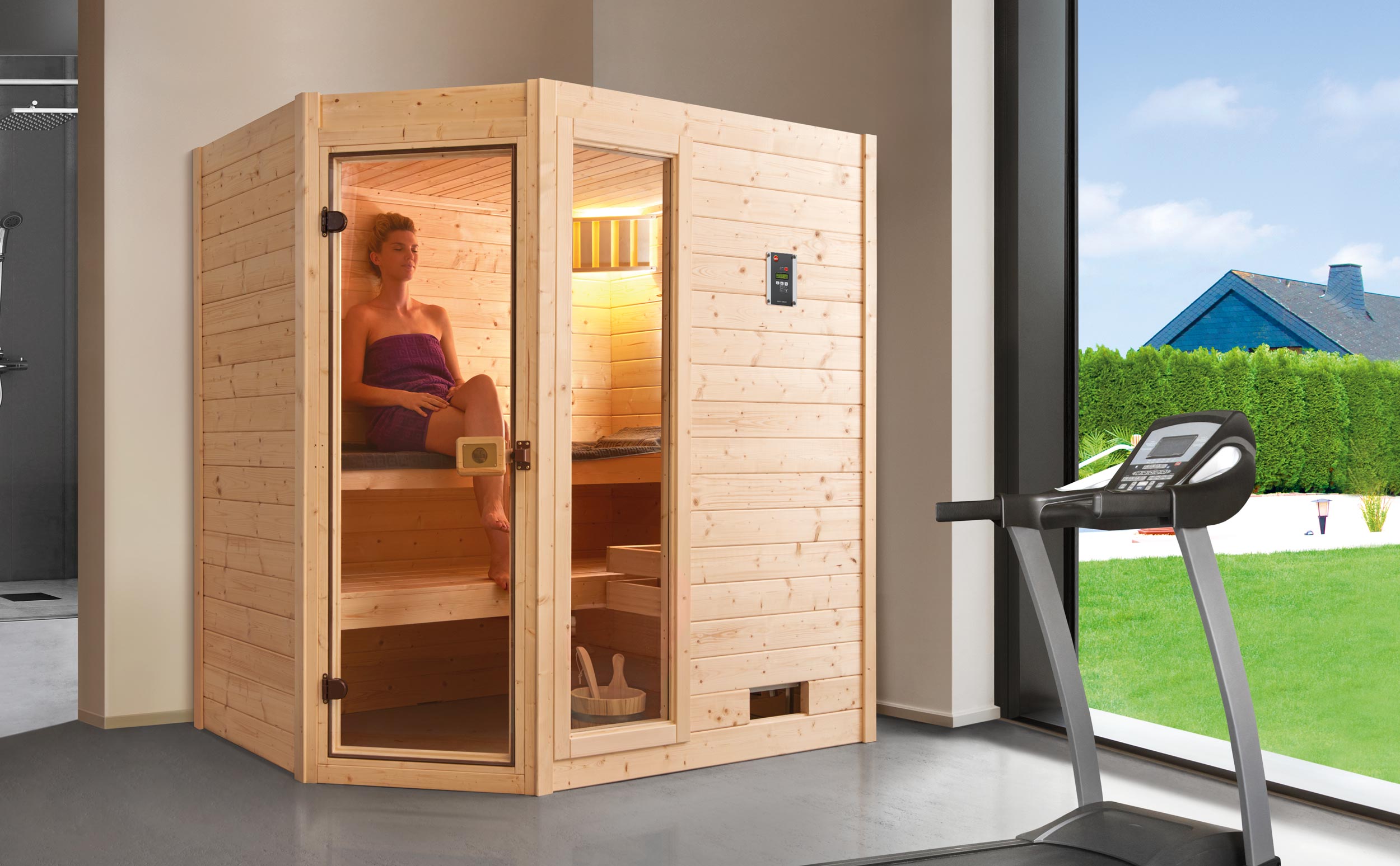 Weka Massivholzsauna Valida Eck Gr. 1 mit Glastür+Fenster Sparset 2 - "Alles dabei"